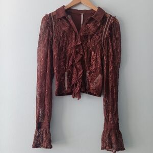 Free People Burgundy Sheer Lace Ruffle Bell Sleeve Blouse S